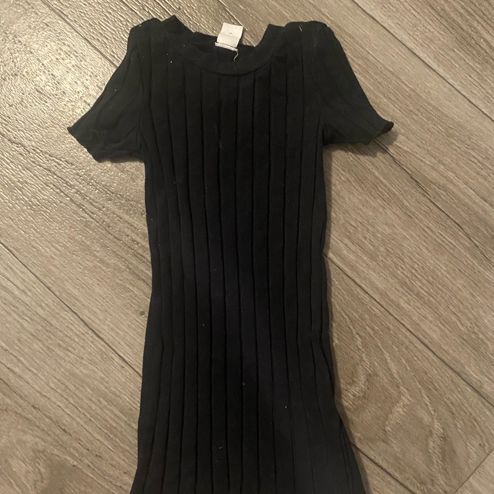 Black Ribbed Short Sleeve Dress